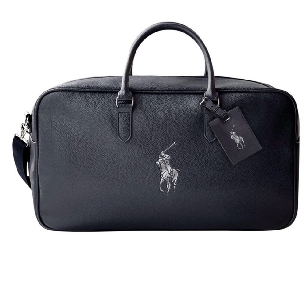 Ralph Lauren Black Faux Leather Duffle Briefcase Bag Zipper Pony Luggage Tag